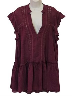 Free People Burgundy Boho Embroidered Babydoll Tunic Top, Medium